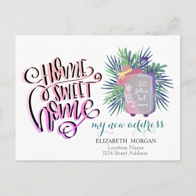 Home Sweet Home,Suitcase Palm Leaves New Address Announcement Postcard (Front)