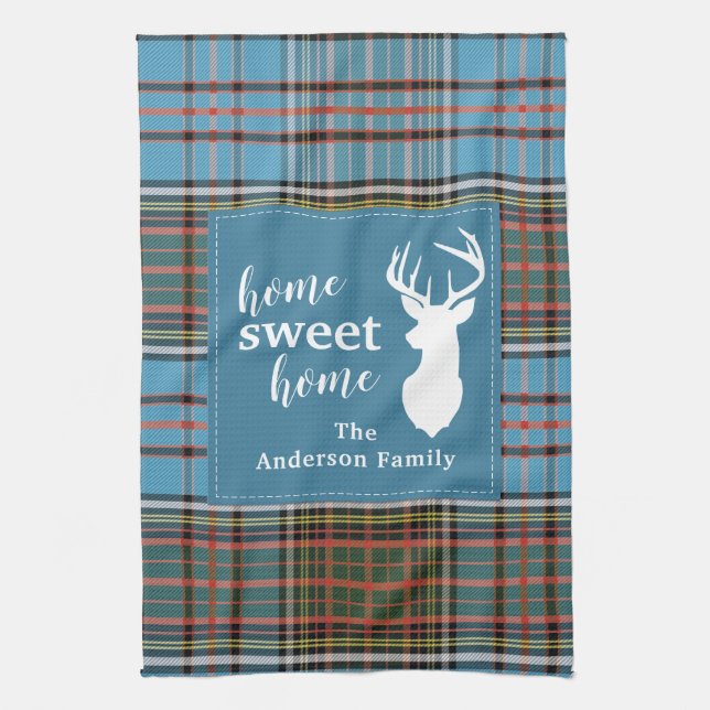 Home Sweet Home Tartan Anderson Plaid Personalized Kitchen Towel (Vertical)