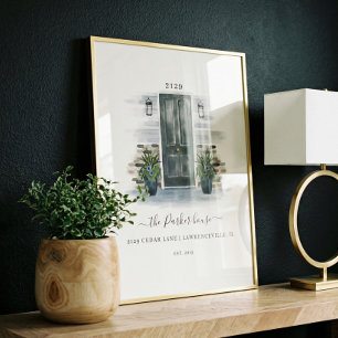 Home Sweet Home Watercolor Grey Door Brick Trim Poster