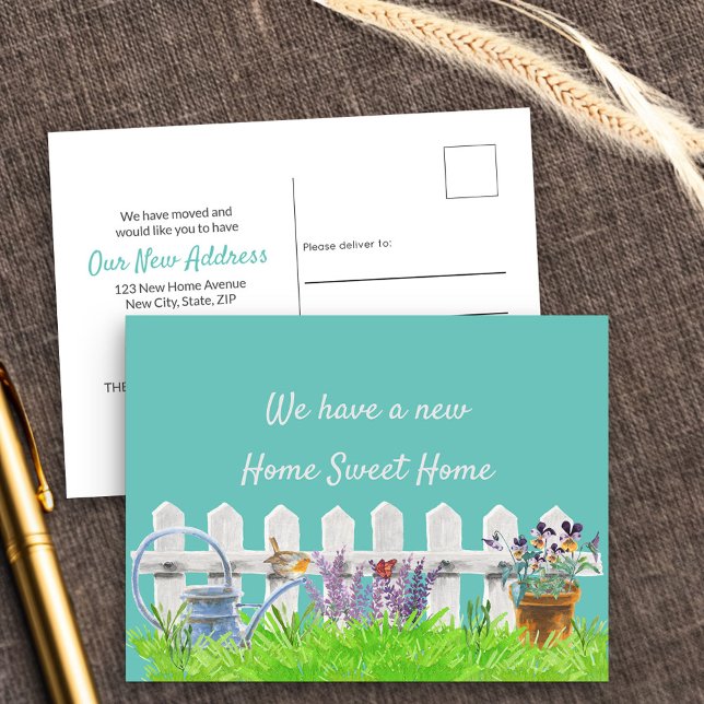 Home Sweet Home White Picket Fence New Address Announcement Postcard (New Address postcard announcing your new home sweet home)
