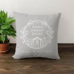 Home Sweet Home, Wreath Design & Coordinates Grey Throw Pillow<br><div class="desc">Chic farmhouse country style throw pillow. Our design features a cute line art drawing of a home with a laurel wreath "Home Sweet Home" is designed inside the home crest design. Customize with a heart monogram. Add your coordinates, by search on google maps and other map sites. The grey background...</div>