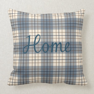 Home & Sweet on Plaid Blues Brown Cream Throw Pillow