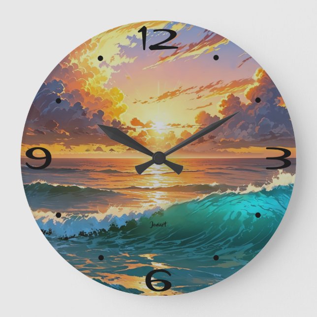 Home Wall Breathtaking Sunset Ocean Waves Clouds   Large Clock (Front)