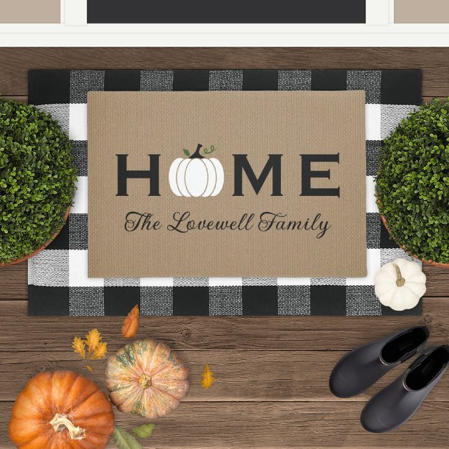 Home White Pumpkin Personalized Last Name Fall Doormat (Creator Uploaded)