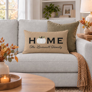 Home White Pumpkin Personalized Last Name Fall Lumbar Pillow