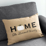 Home White Pumpkin Personalized Last Name Fall Lumbar Pillow<br><div class="desc">Welcome guests to your home this fall with an inviting personalized lumbar rectangle throw pillow. The simple and stylish typography design features "Home" wording with elegant custom script text for your family name and a white harvest pumpkin accent. Includes a neutral tan,  black,  white,  and green colour scheme.</div>