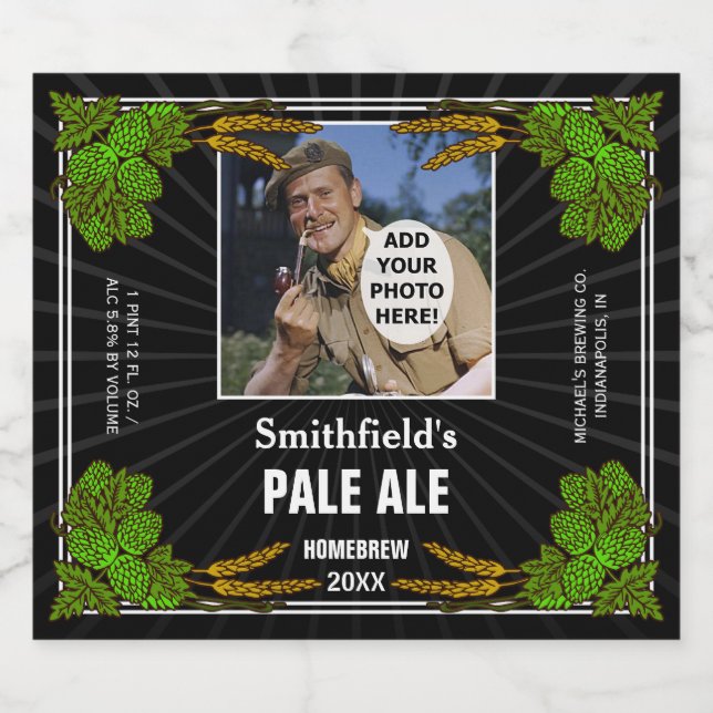 Homebrewing Beer Brewer Hops Custom Photo Black Beer Bottle Label (Single Label)