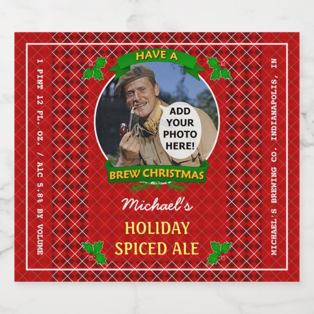 Homebrewing Brew Christmas Red Argyle Custom Photo Beer Bottle Label (Single Label)