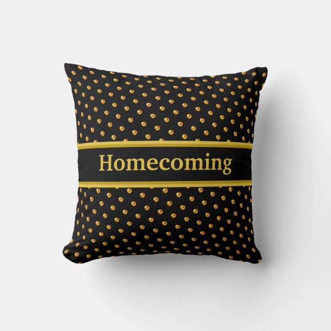Homecoming Gold Polka Dots on Black Throw Pillow (Front)