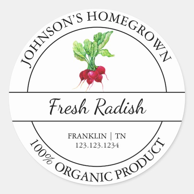 Homegrown Garden Fresh Organic Radish Label (Front)