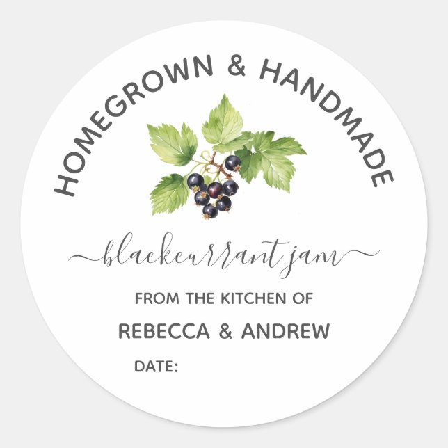 Homegrown & Handmade Blackcurrant Jam / Jelly Classic Round Sticker (Front)