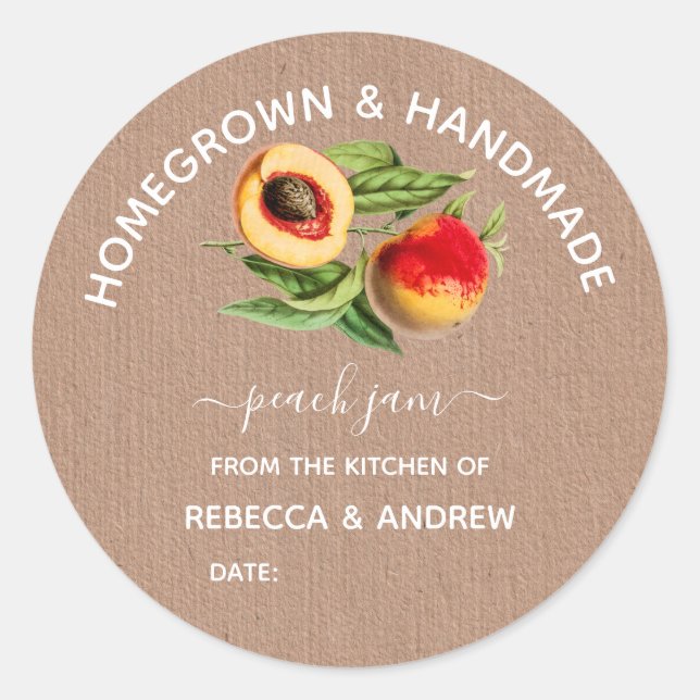 Homegrown & Handmade Peach Jam Kraft Paper, Classic Round Sticker (Front)
