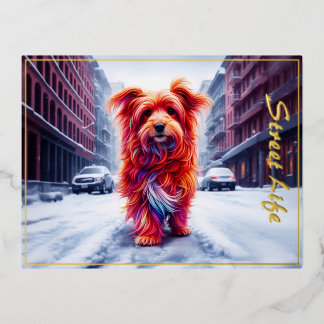 Homeless dog in cold snowy urban evening foil holiday postcard