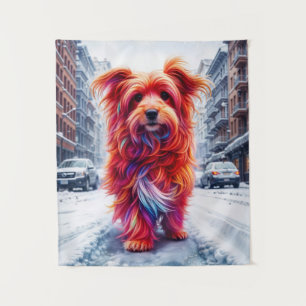 Homeless dog in cold snowy urban evening tapestry