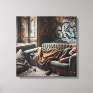 Homeless Man Napping in Abandoned Building   Canvas Print