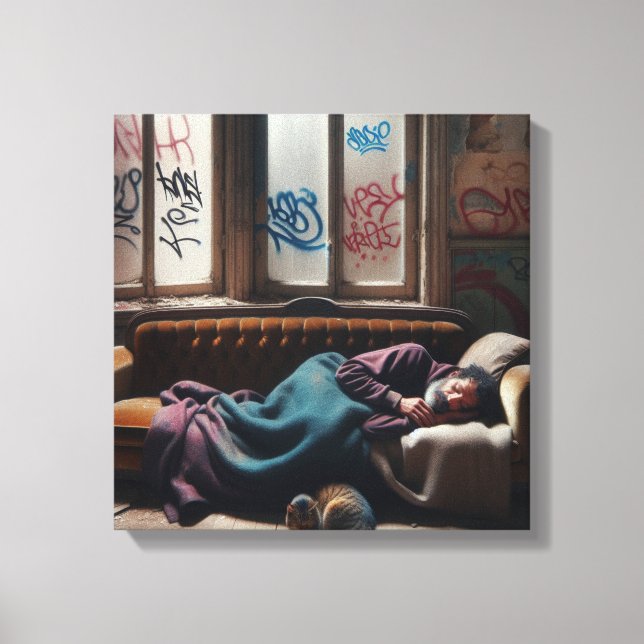 Homeless Man Sleeping in Abandoned Building   Canvas Print (Front)