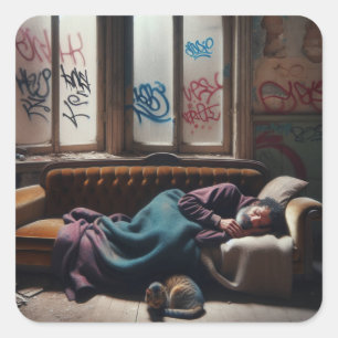 Homeless Man Sleeping in Abandoned Building   Square Sticker