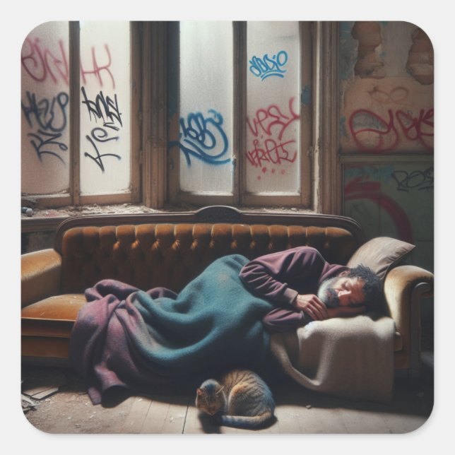 Homeless Man Sleeping in Abandoned Building   Square Sticker (Front)