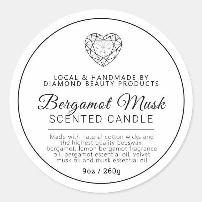 Homemade Bergamot Musk diamond candle ingredients Classic Round Sticker (Front)