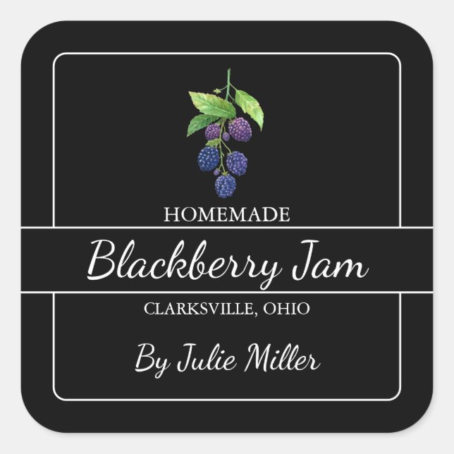 Homemade Blackberry Jam Square Label Black (Front)
