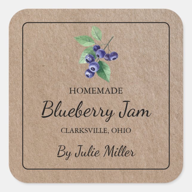 Homemade Blueberry Jam Square Kraft Paper Label (Front)