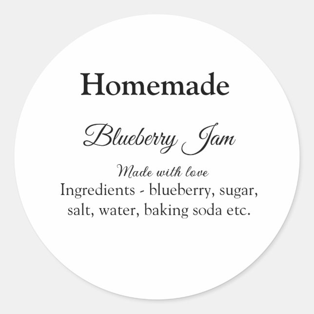 Homemade blueberry y jam made with love add text classic round sticker (Front)