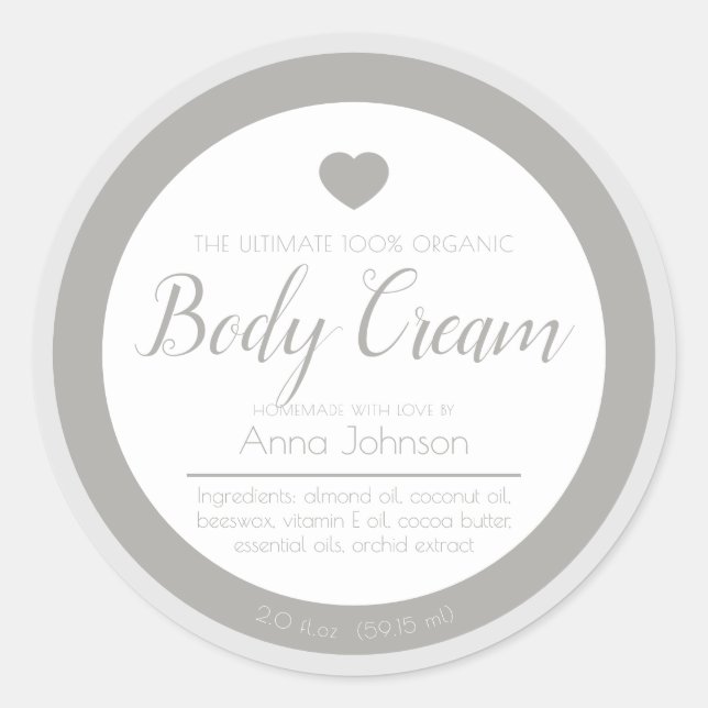 Homemade body cream ingredients grey white label (Front)