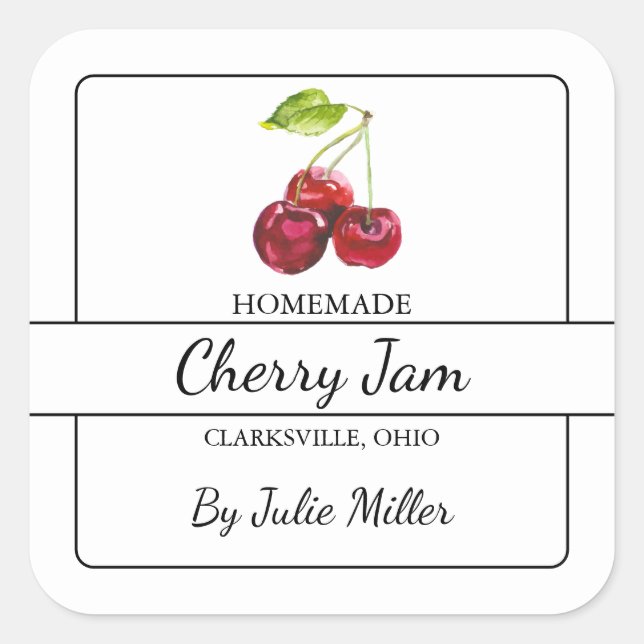 Homemade Cherry Jam Square Label (Front)