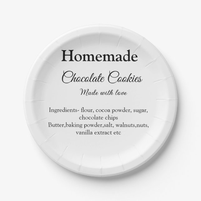 Homemade chocolate cookies made with love add text paper plate (Front)