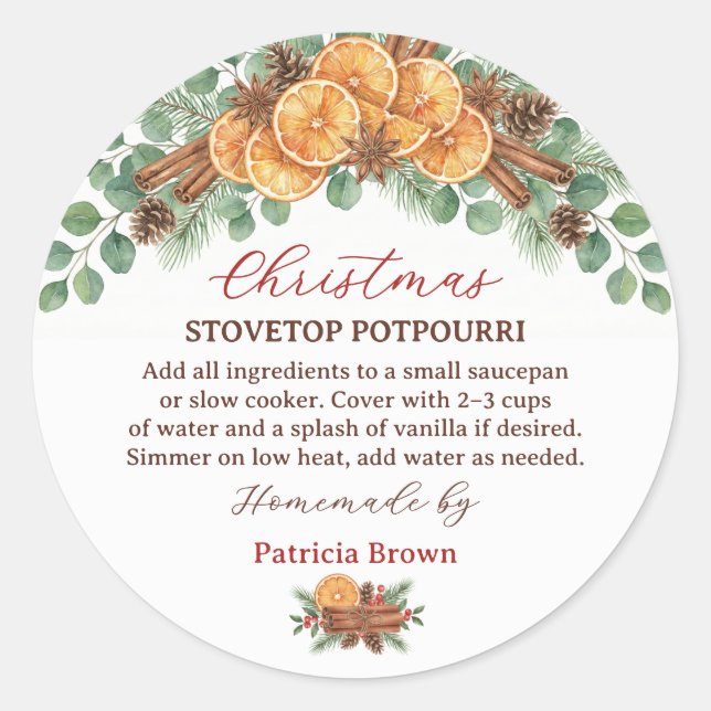 Homemade Christmas Stovetop Potpourri Recipe Classic Round Sticker (Front)
