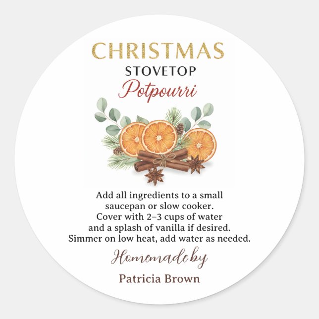 Homemade Christmas Stovetop Potpourri Sticker Labe (Front)