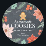 Homemade Cookies Floral Chalkboard Holiday Classic Round Sticker<br><div class="desc">This chic "baked with love,  homemade cookies" sticker features a black chalkboard background with gingerbread man,  holiday florals such as poinsettia flowers and red berries. Personalize for your needs. You can find matching products at my store.</div>