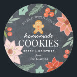 Homemade Cookies Floral Chalkboard Holiday Classic Round Sticker<br><div class="desc">This chic "baked with love,  homemade cookies" sticker features a black chalkboard background with gingerbread man,  holiday florals such as poinsettia flowers and red berries. Personalize for your needs. You can find matching products at my store.</div>