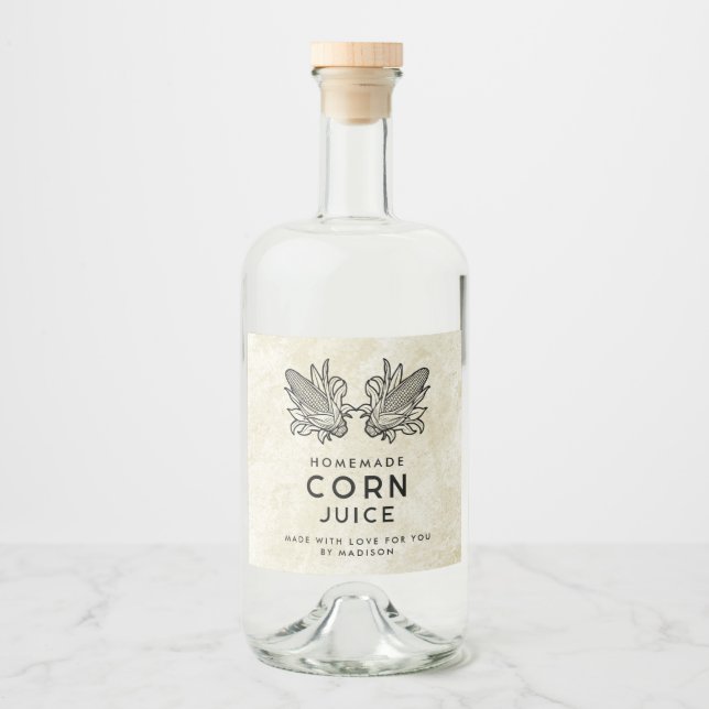 Homemade corn juice with two cobs liquor bottle label (Front)