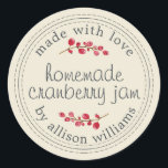 Homemade Cranberry Jam Canning Antique White Classic Round Sticker<br><div class="desc">Rustic and modern homemade Christmas jam canning cranberry jam jar sticker with the text made with love, homemade cranberry jam and your name in modern script on an antique white background with a stylish touch of cranberries. Simply add your name and the product name to the label. Exclusively designed for...</div>