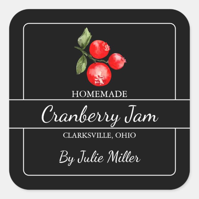 Homemade Cranberry Jam Square Label Black (Front)