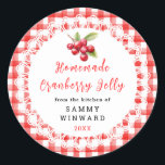 Homemade Cranberry Jelly Label<br><div class="desc">Add a sweet homemade detail to your pantry jars with this delightful cranberry jelly label. Featuring gentle watercolor cranberries, a classic red gingham border, and delicate lace trim, it gives your preserves a charming farmhouse-inspired look. Ideal for cranberry jelly, homemade jellies, and fruit preserves, this “From the Kitchen Of” label...</div>