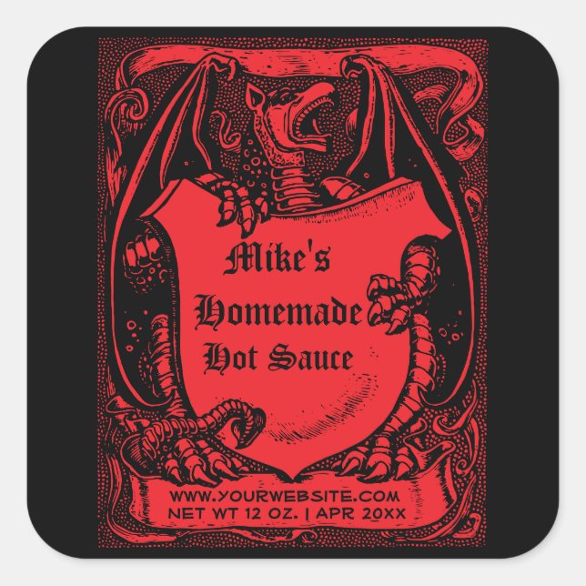 Homemade Hot Sauce Medieval Dragon Template Square Sticker (Front)