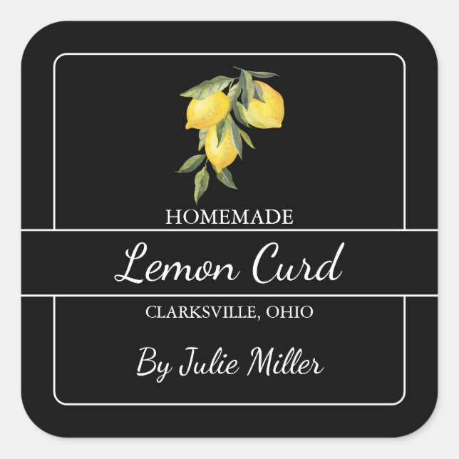 Homemade Lemon Curd Square Label Black (Front)