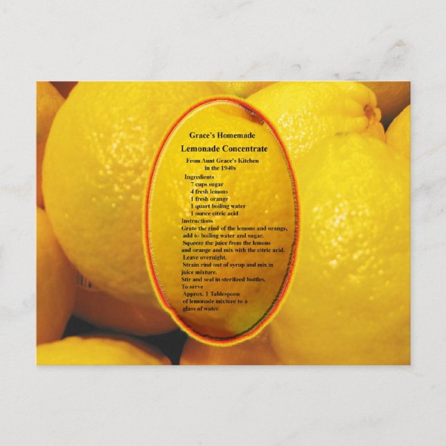 Homemade Lemonade Concentrate Recipe Postcard (Front)
