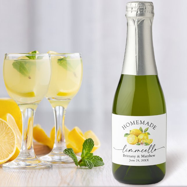 Homemade Limoncello Calligraphy Watercolor Lemons  Sparkling Wine Label (Customize to change your personalized text size or text style.)