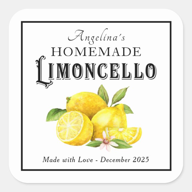 Homemade Limoncello Italian Liqueur with Name Square Sticker (Front)