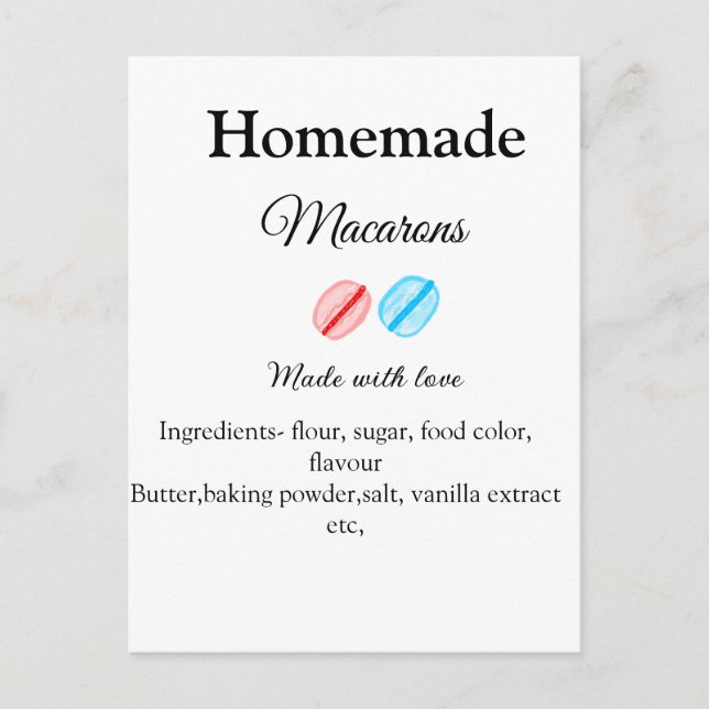 Homemade macarons add ingredients made with love b postcard (Front)