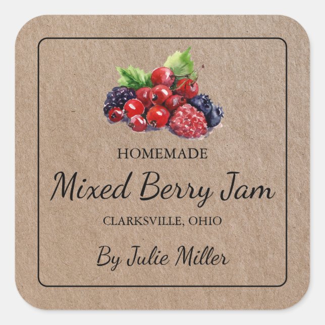 Homemade Mixed Berry Jam Square Kraft Paper Label (Front)