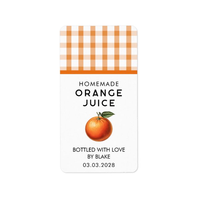 Homemade orange juice label with chequered pattern (Front)