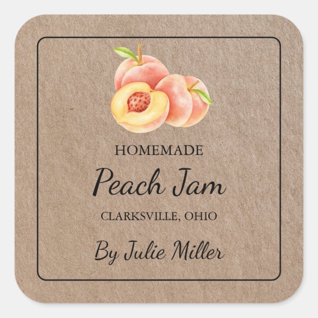 Homemade Peach Jam Square Kraft Paper Label (Front)