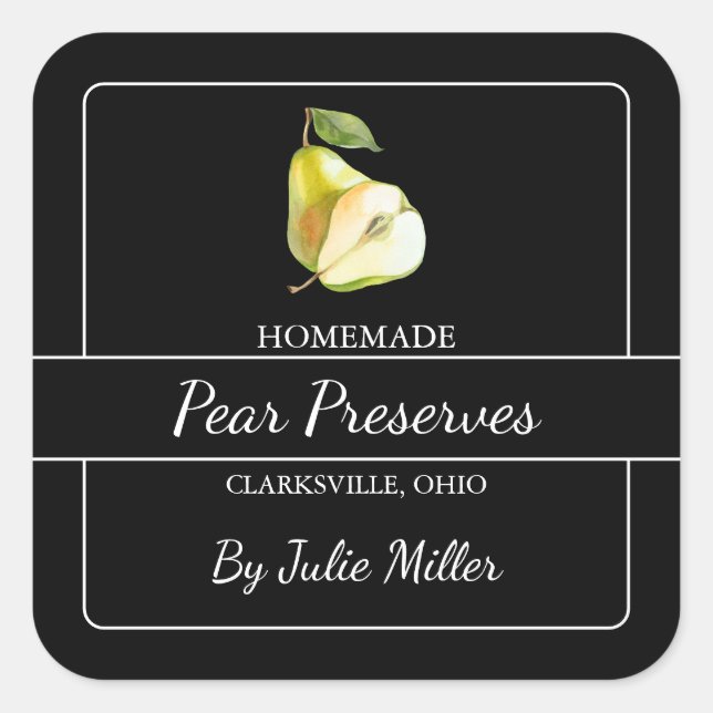 Homemade Pear Preserves Square Label Black (Front)