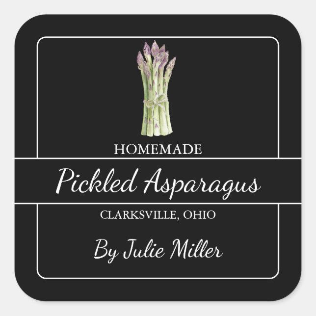 Homemade Pickled Asparagus Square Label Black (Front)