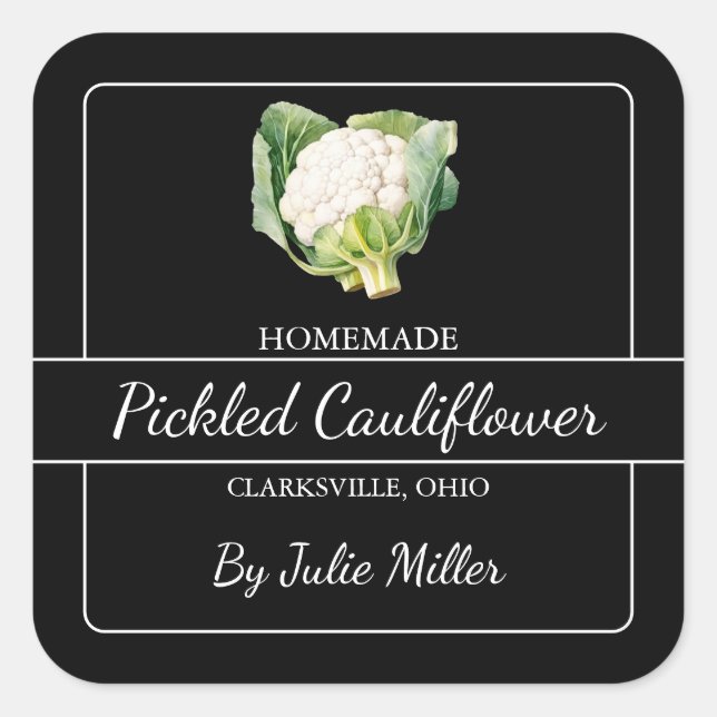 Homemade Pickled Cauliflower Square Label Black (Front)