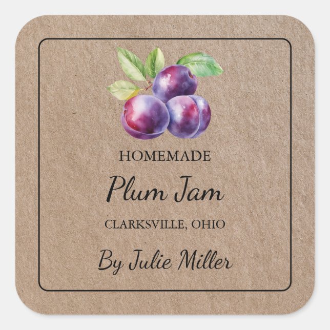 Homemade Plum Jam Square Kraft Paper Label (Front)